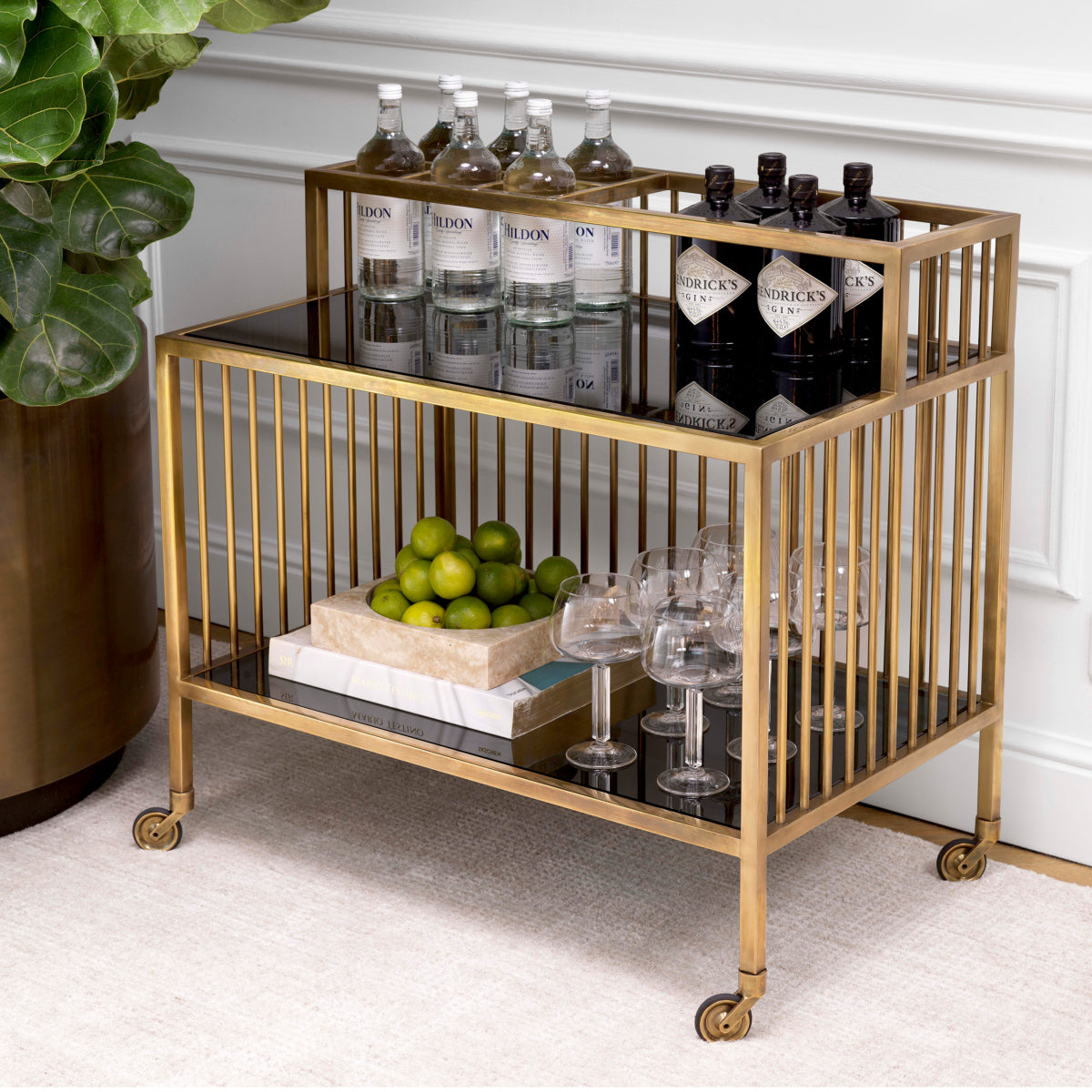 Trolley en laiton vintage et verre fumé | Eichholtz Rutherford - vue de détail | REMO-HOME