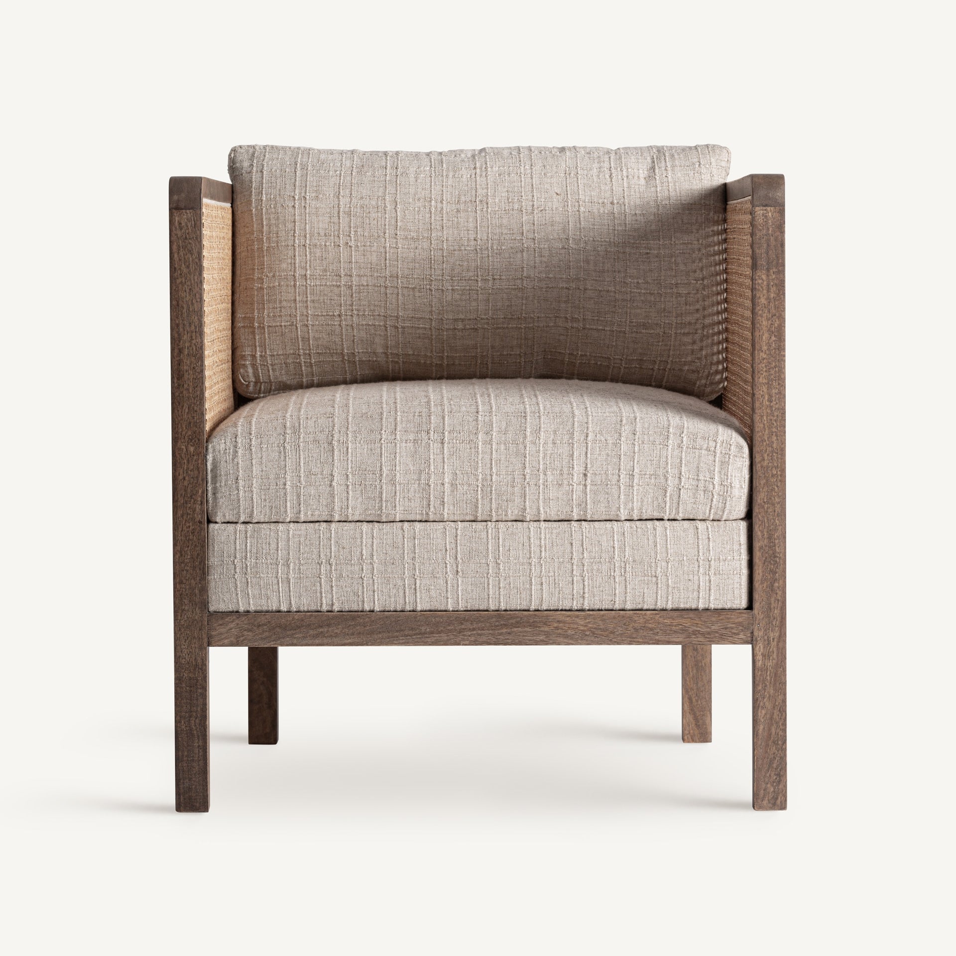 Fauteuil bois de manguier et tissu taupe | VICAL Breille | REMO-HOME, mobilier design et décoration d'intérieur