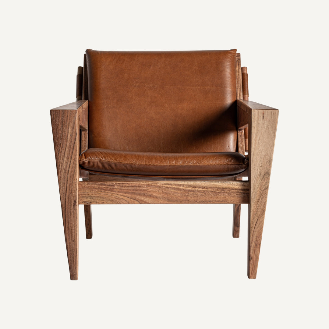 Fauteuil en cuir marron et bois d'acacia | Vical Melle | REMO, mobilier et décoration d'intérieur