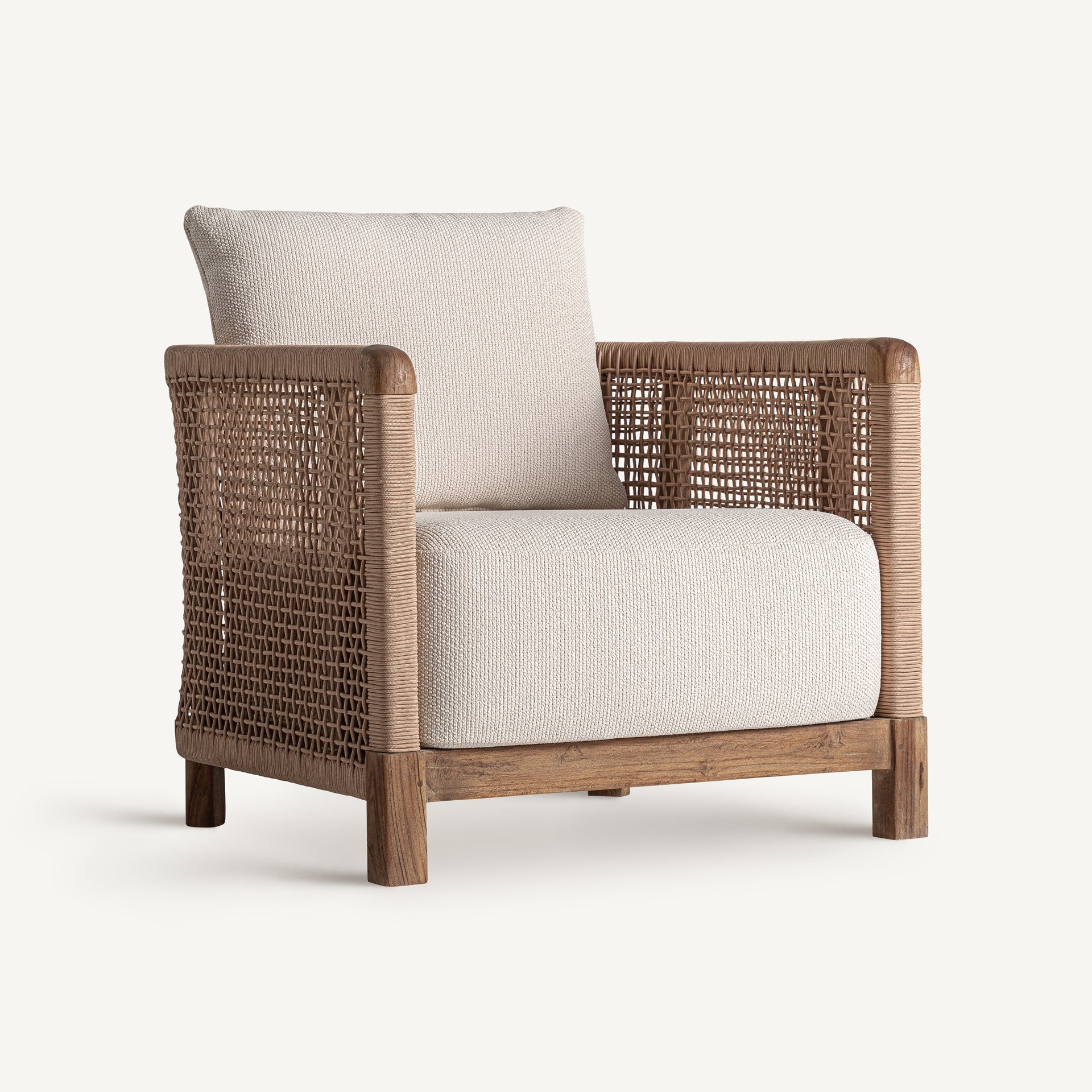 Fauteuil tissu blanc et teck recyclé | VICAL Trena | REMO-HOME, mobilier design et décoration d'intérieur