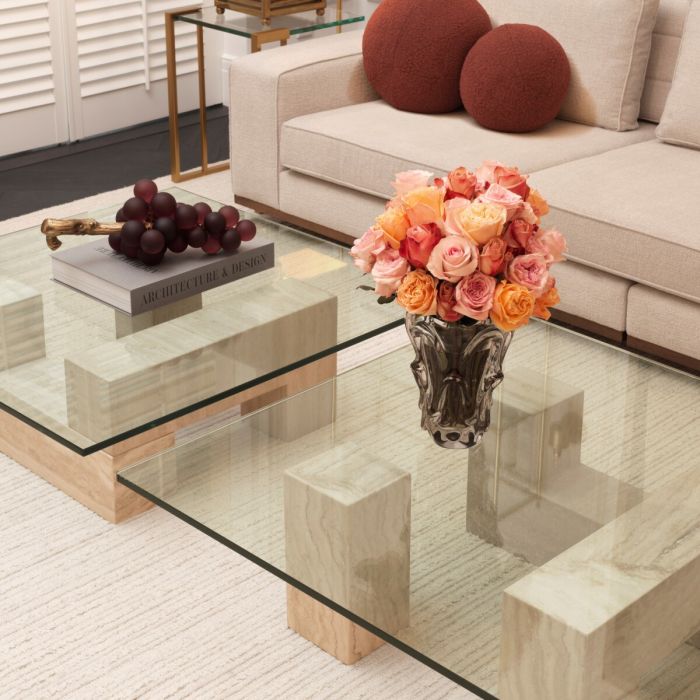 Table basse en travertin et verre transparent | Eichholtz Ikal