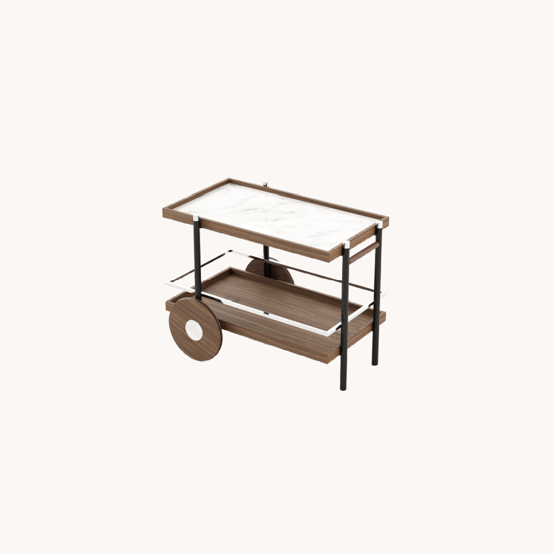 Chariot de bar en noyer mat et marbre blanc | Laskasas Pitt | REMO, mobilier et décoration d'intérieur